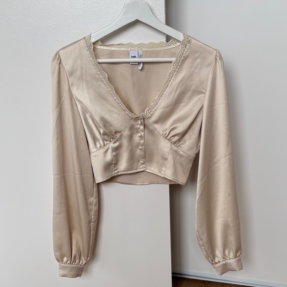 twik Tops - twik Cream Satin Lace-Trim Cropped Blouse-xs